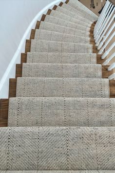 Beautiful all natural wool carpet style. Kaleen, Martinique in the color Silver. Neutral carpet with stripe and herringbone design. The Carpet Workroom of Boston Massachusetts. Stairs With Carpet, Cottage Stairs, Pakistan Home, Carpet Store, Franklin Homes