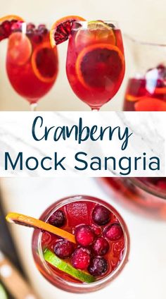 two glasses filled with cranberry mocko sangria on top of a table