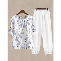 Fabric:Linen; Sleeve Length:Short Sleeve; Look After Me:Machine wash; Gender:Women's; Style:Basic; Elasticity:Inelastic; Tops Type:Pants Sets,Shirt; Occasion:Casual Daily; Details:Bottom,Top; Fit Type:Regular Fit; Pattern:Floral; Design:Print; Neckline:Crew Neck; Pants Type:Pants Trousers; Front page:FF; Listing Date:04/12/2023; Production mode:External procurement; Bust:; Hips:; Length [Bottom]:; Length [Top]:; Print Type:3D Print Country Floral, Casual Bottoms, Shirt Pant Set, Ținută Casual, Shirt And Pants, Mongolia, Sierra Leone, Tunisia, Cotton Top