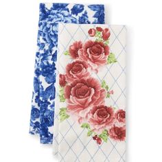 two napkins with red and blue flowers on them