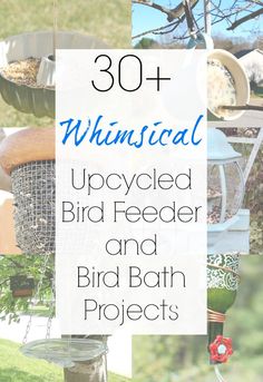 bird feeders with text overlay that reads 30 + whimsical upcycled bird feeder and bird bath projects