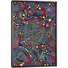 an abstract painting with colorful colors and patterns on the canvas, framed in black wood frame