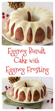 eggnog bundt cake with eggnog frosting on a white plate