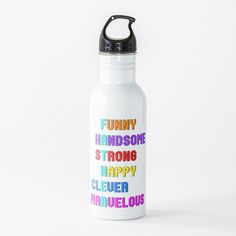 a white water bottle with the words funny on it