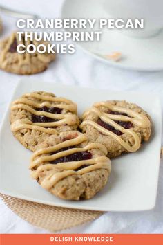 Cranberry Pecan Thumbprint Cookies Pecan Thumbprint Cookies, Vegetarian Cookie Recipes, Vegan Thumbprint Cookies, Peanut Butter Drizzle, Thanksgiving Vegan, Cookie Recipes From Scratch, Healthy Dessert Recipes Easy, Cranberry Jam, Vegan Party Food