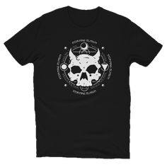 a black t - shirt with a skull on the front and an image of a demon in