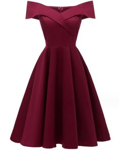 Off-shoulder Solid Color Party Mini Dress, Red Solid Mini Dress For Party, Burgundy A-line Midi Dress For Party, Off-shoulder Solid Color Dress For Night Out, Red Solid Color Evening Dress, Burgundy A-line Mini Dress For Evening, Burgundy Short Sleeve Evening Dress, Fitted Burgundy Midi Dress For Party, Fitted Burgundy Knee-length Dress