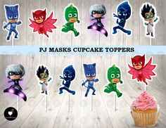 the pj masks cupcake toppers are all in different colors and sizes, including pink