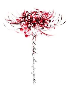 a red flower with some writing on the bottom of it and an artistic design in the middle