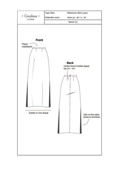 the front and back view of a women's skirt sewing pattern, with measurements for each