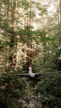 a woman in a white dress standing on a log over a stream surrounded by trees