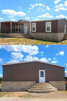 before and after shots of a mobile home with steps leading up to the front door