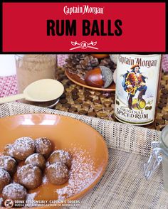 there is a plate with some food on it and a can of rum balls in the background