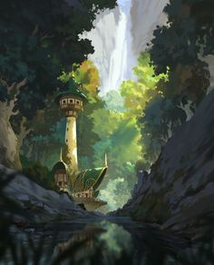 a painting of a light house in the middle of a forest with waterfall behind it