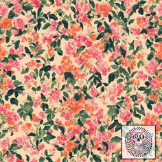 an orange and pink flowered wallpaper with green leaves on the bottom right corner