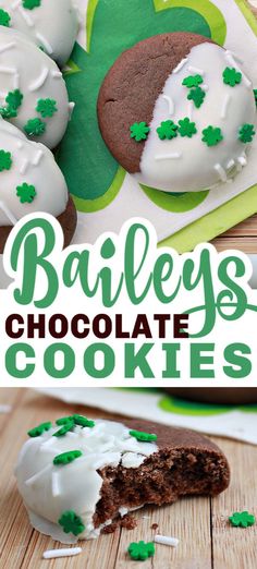 bailey's chocolate cookies with white frosting and green sprinkles on top