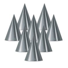 six silver party hats are arranged in the shape of pyramids on a white background