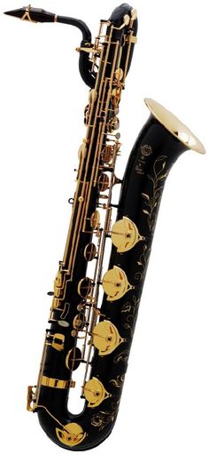 a black and gold saxophone with an ornate design on it