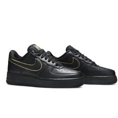 Woman’s Air Force 1 Low '07 Essential Black Gold Swoosh Size: 7 Color: Black On Black With Metallic Gold Details Preloved. Worn 2 Or 3 Times. In Excellent Gently Used Condition Nike Shoes Woman, Black On Black, Nike Shoes Women, Air Force 1 Low, Gold Details, Air Force 1, Metallic Gold, Black Nikes, Womens Shoes Sneakers