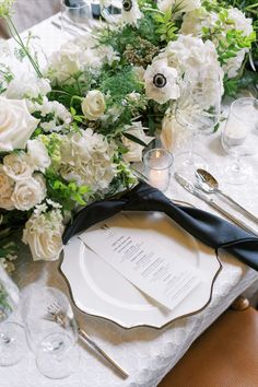 Outdoor Wedding Decor Trends for Summer and Beyond | The Scout Guide, wedding reception table design with florals and black bow Romantic Centerpieces, White Wedding Flowers, Neutral Wedding, Wedding Table Settings, Wedding Tablescapes, Table Flowers, Floral Centerpieces, Wedding Florist, Place Settings