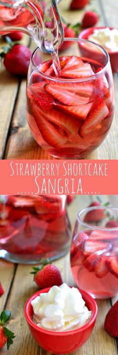 strawberry shortcake sangria with whipped cream and fresh strawberries