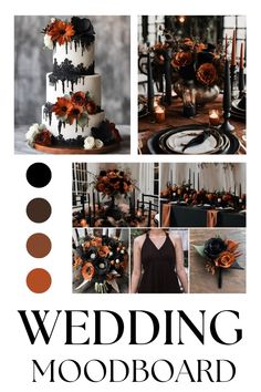 a wedding mood board with orange and black flowers, candles, and cake on it