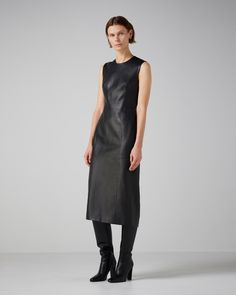 Leather Midi Dress For Work, Sleek Leather Dress For Work, Leather Midi Dress For Night Out, Leather Shift Dress, Sleeveless Leather Evening Dress, Sleek Leather Dresses For Workwear, Elegant Sleeveless Leather Dress, Sleek Leather Workwear Dress, Black Leather Shift Dress