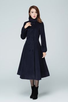 dark blue coat wool coat swing coat double breasted by xiaolizi Dark Blue Coat, Peplum Coat, Wool Cape Coat, Navy Blue Coat, Jacket Outfit Women, Tailored Clothes, Fitted Coat, Blue Coat, Blue Coats