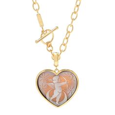 Instantly elevate any look with this beautiful Cupid cameo pendant with chain. From the Cameo Italiano "Elysse" collection, the heart-shaped pendant displays a 29x29mm carved shell cameo depicting cupid. The piece is crafted in 18K yellow gold plated sterling silver. A polished finish offers brilliant shine. The 20" oval rolo link chain has a T-bar and toggle clasp ring so it's easy to place on and take off. The hinged bail lets you place the pendant on many of your other favorite chains, as wel Elegant Heart Toggle Necklace, Luxury Gold Cameo Necklace, Elegant Gold Toggle Necklace For Valentine's Day, Gold Intaglio Necklace, Elegant Medallion Necklace For Valentine's Day, Elegant Medallion Toggle Necklace, Elegant Rose Gold Cameo Necklace, Cameo Jewelry, Carved Shell