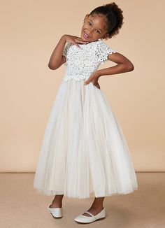 Petal, our boho-inspired flower girl dress will match the bride's wedding gown in this trendy flower girl dress, thanks to the adorable floral lace bodice. A full, flowy A-line skirt cut from dotted tulle creates a cute and whimsical look. Flower Girl Beige Dress, Flower Girl Dresses Toddler, Petal Flower Girl Dress, Flower Girl Dresses Champagne, Lemon Wedding, Wedding April, Garden Wedding Flowers, White Champagne