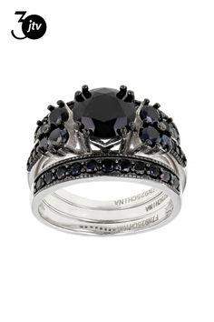 3.92ctw round black spinel rhodium over  sterling silver three ring set. Set consists of one ring with a larger center stone and two identical bands. Worn together they measure approximately 7/16"L x 3/16"W.  Not sizeable. Black rhodium. Three Rings, Black Spinel, Black Rhodium, One Ring, Ring Set, Ring Sets, Band, Sterling Silver, Ring