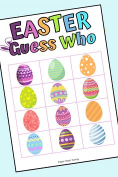 an easter guess game with colorful eggs and the words'easter guess who? '