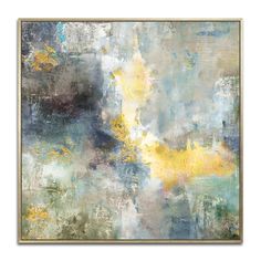 an abstract painting with blue, yellow and grey colors on the bottom half of it