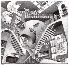 this is an image of a drawing of a staircase in a building with people walking up and down it