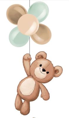 a brown teddy bear flying through the air with balloons