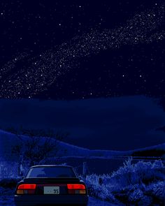 a car parked on the side of a road under a night sky filled with stars