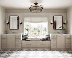 a bathroom with two sinks, mirrors and a window in the wall above it is tiled flooring