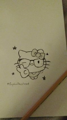 a drawing of a hello kitty with glasses on it's face and stars in the background