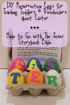 an egg carton with easter eggs and the words diy resurrection eggs for teaching toddlers & preschoolers about easter made to go with the jesus storybook bible