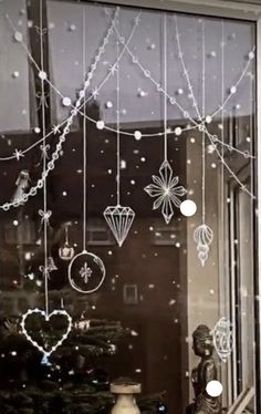 the window is decorated with ornaments and lights