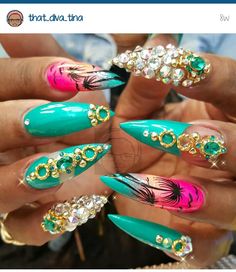 Sumner Nails, Toe Art Designs, Stilleto Nails Designs, Long Fingernails, Sculptured Nails, Tropical Nails, Stiletto Nail Art, Nails Now, Nails Design With Rhinestones