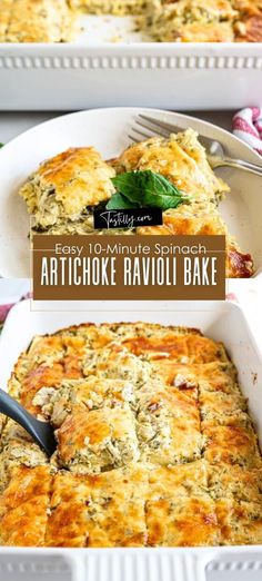 an image of artichoke ravioli bake in a casserole dish