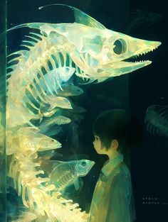 a boy standing in front of a fish skeleton