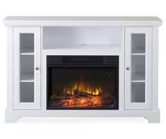 a white entertainment center with an electric fire place in the front and shelves on both sides