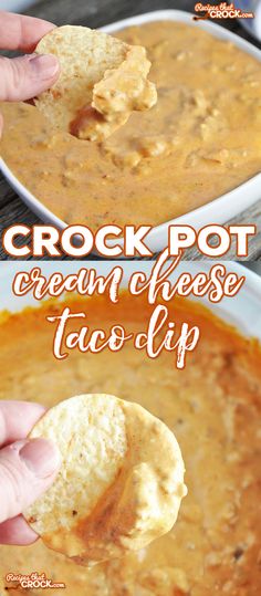 a hand dipping a tortilla chip into a bowl of cream cheese taco dip