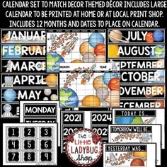 the calendar for march is shown in black and white, with colorful planets on it