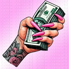 a woman's hand holding a stack of money with pink nail polish on it