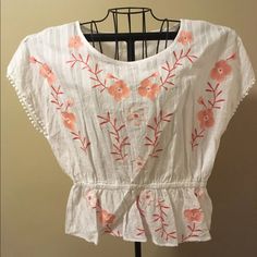 Size Xl Junior S-M Woman Best Fit In My Opinion See Measurements Nwot Washed / Never Worn Beautiful Embroidered Floral Blouse. 100% Cotton Feels Like Linen. Gorgeous Detailing. White Floral Embroidered Relaxed Top, White Floral Embroidery Relaxed Fit Top, White Floral Embroidered Relaxed Fit Top, White Crew Neck Top With Floral Embroidery, Spring Cotton Tops With Embroidered Hem, Casual Cotton Top With Floral Embroidery, White Crew Neck Blouse With Floral Embroidery, Casual Floral Print Embroidered Cotton Top, Casual Cotton Embroidered Top With Floral Print