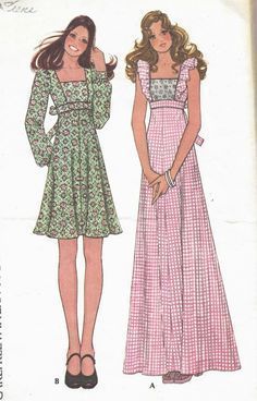 70s Dresses Vintage, Vintage Clothes Patterns, 1970s Sewing Patterns, Retro Sewing Patterns, Vintage Boho Dress, Seventies Fashion, Vintage Dress Patterns, Empire Waist Dress