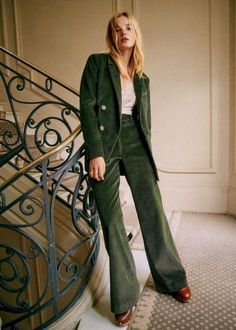 Long trousers ;Textured fabric;Slant pockets on the front and welt pocket on the back;Creases front and back;Zip and clasp fastening;Inside leg length: 84 cm / 33.1 in (size EU36/UK8) Green Corduroy Jacket Outfit, Cords Outfit, Aw24 Outfits, Sezane Style, Sezane Outfit, Lifestyle Dresses, French Girl Chic, Winter Inspiration, Denim Suit